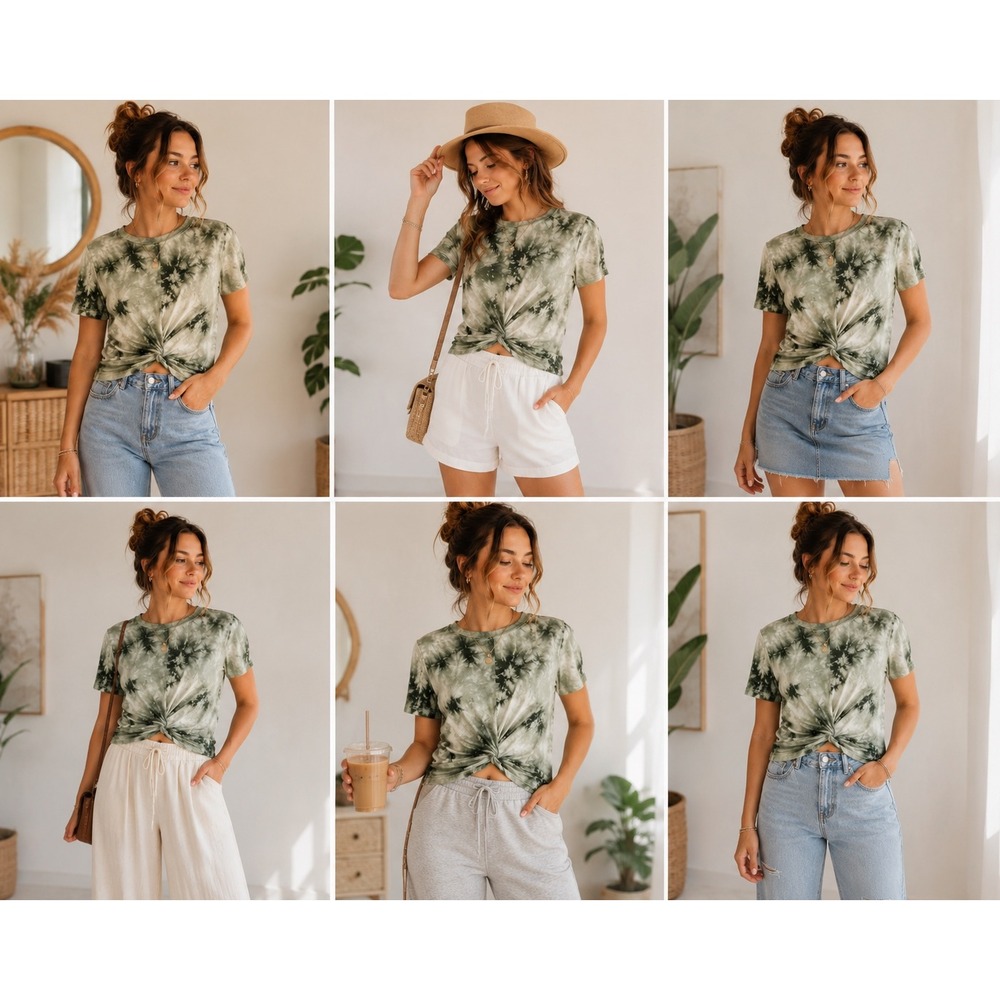 Hearts & Hips Tie Dye Top Womens XS Green Rayon Twist Front Knot Stretch Tee Bl